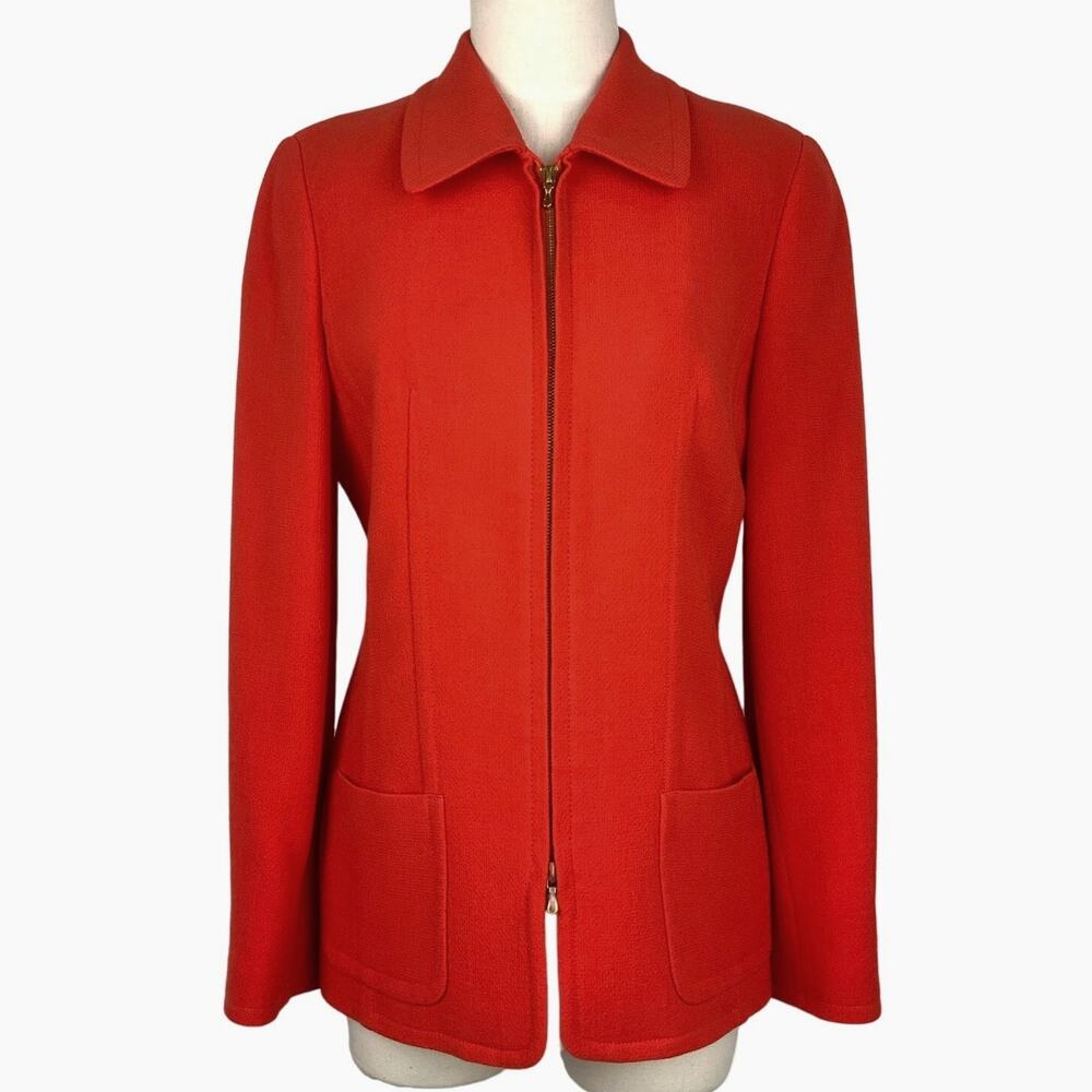Louis Feraud Designer Virgin Wool Zip Front Blazer Tangerine Red Women's Size 8